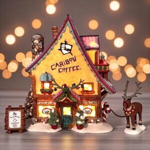 Dept 56 North Pole Caribou Coffee Shop Christmas Village Reindeer Sign Complete